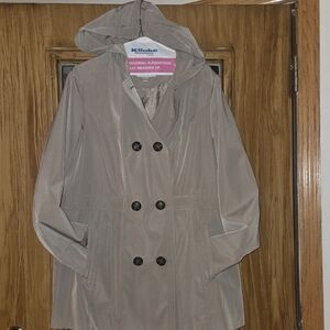 Braetan Taupe Double-Breasted Hooded Rain Coat